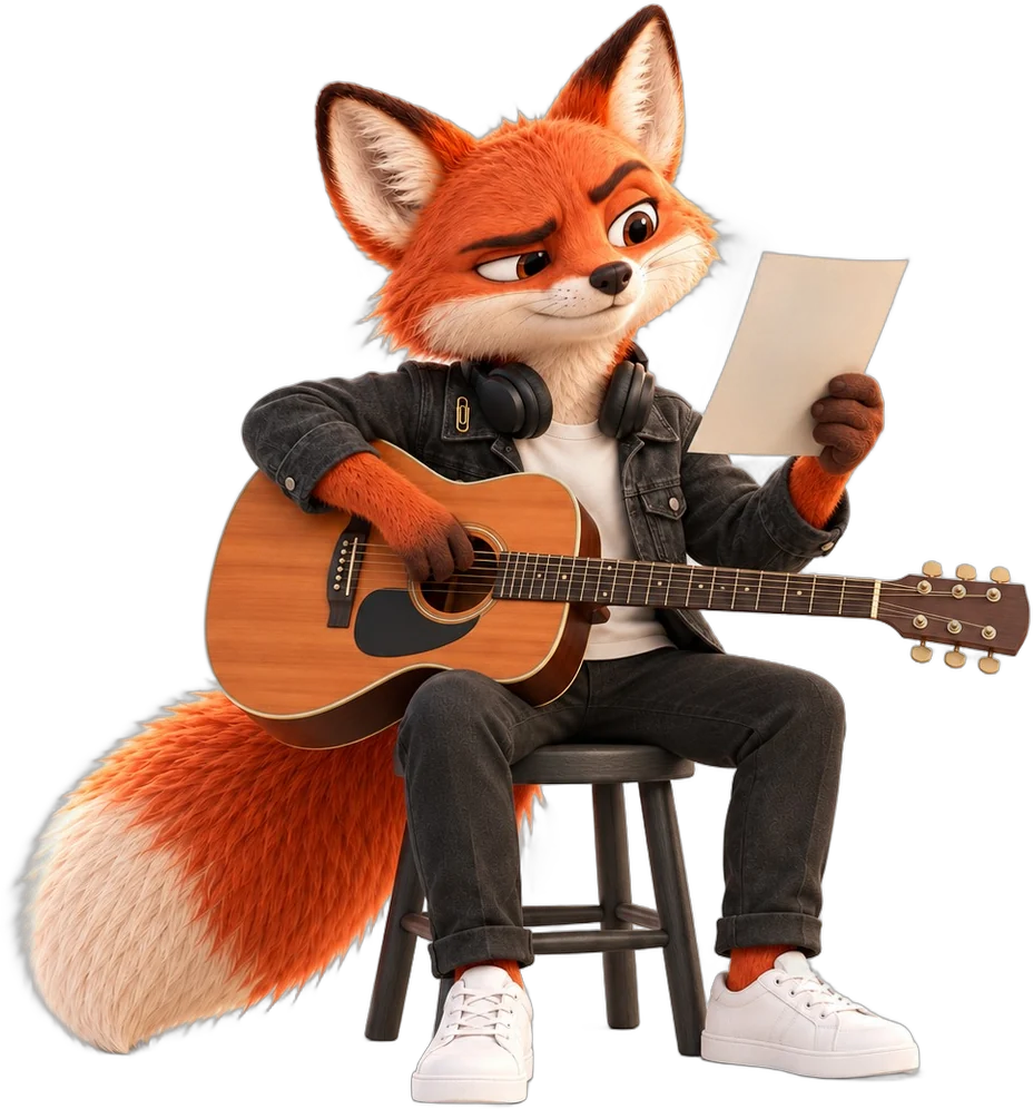Le renard assis avec une guitare, en train de lire un contrat