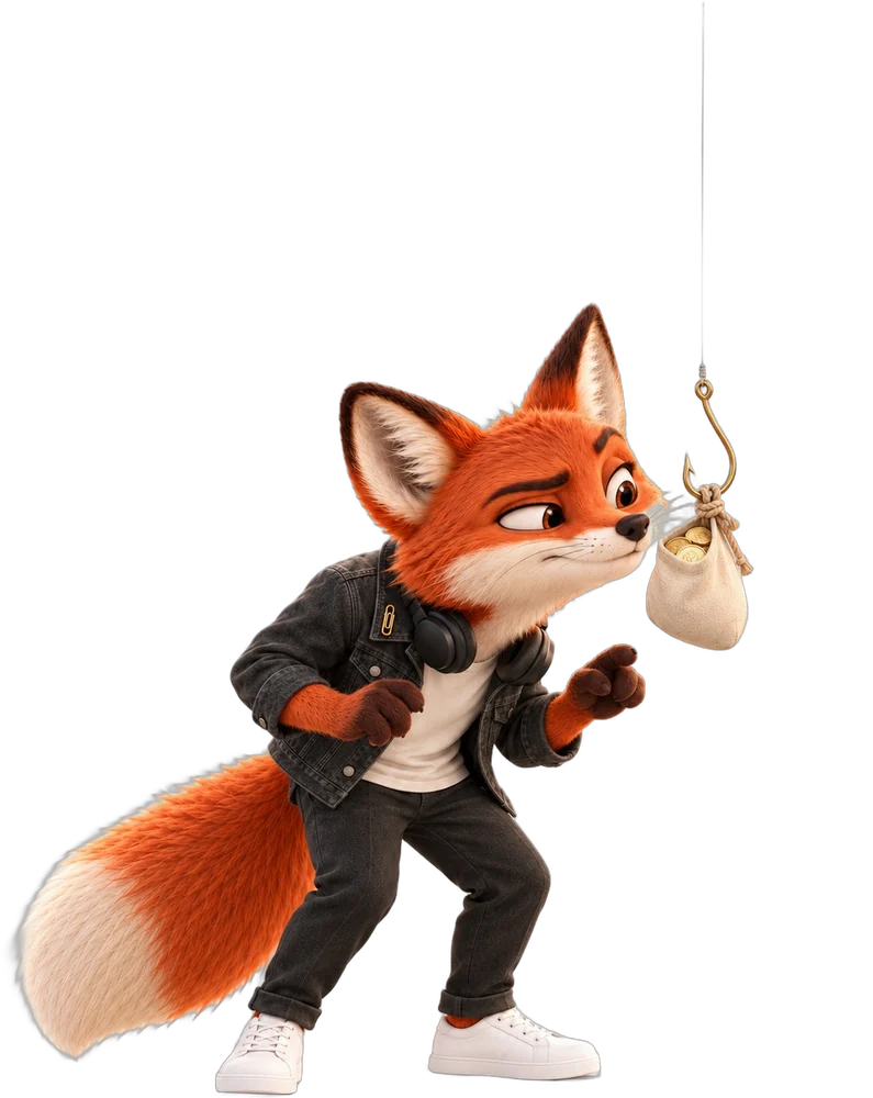 Le renard attiré par un sac d'argent accroché à un hameçon